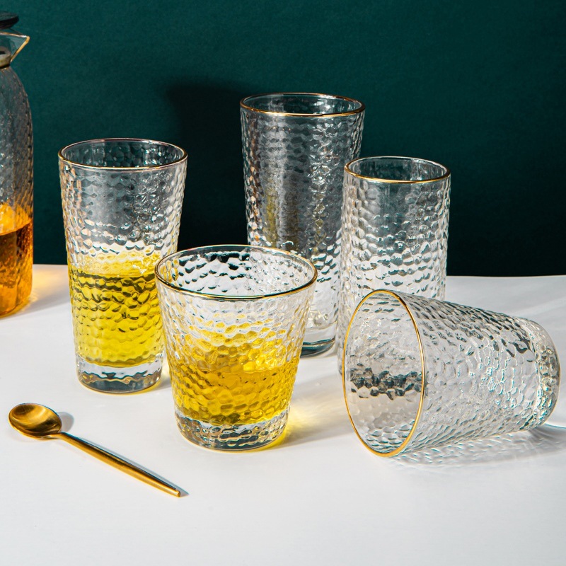 日式金边锤纹玻璃杯家用创意餐厅客厅喝水杯子简约耐热6只套装