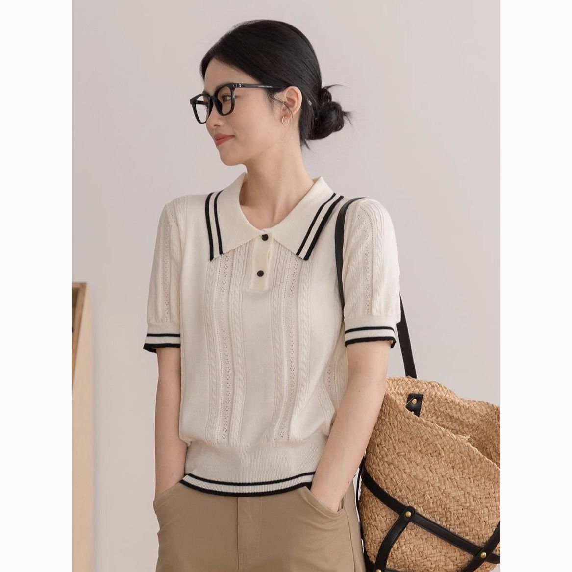 New Style College-Style Patchwork Short-Sleeve Knit Polo Collar Trendy Casual Top for Summer, Color-Blocking, Lightweight, Slim Fit, Versatile