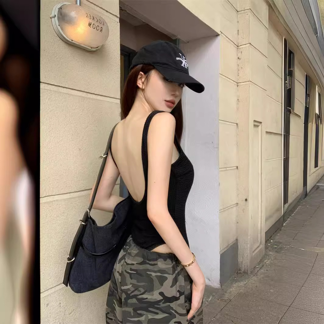 American Style Retro Spice Girl Camisole Women's Summer Inner Style Black Backless Top for Outer Wear