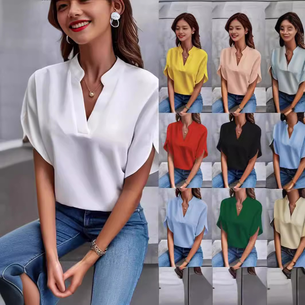 2024 Cross-Border European And American Foreign Trade Women's Summer Casual Short-Sleeve Solid Color V-Neck Loose_ecoleips.com