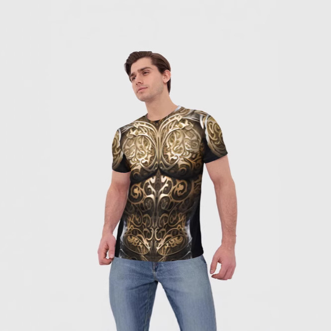 Cross-border Hot Selling Trendy Creative Personality Gold Armor Series 3D Printed Short-sleeved Men's Casual Round Neck T-shirt