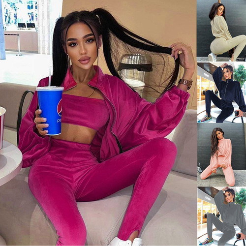 2024 Western European Style Cross-border Half-body Hooded Sweater Set Autumn/Winter New Slim Fit Korean Fleece Three-Piece Set