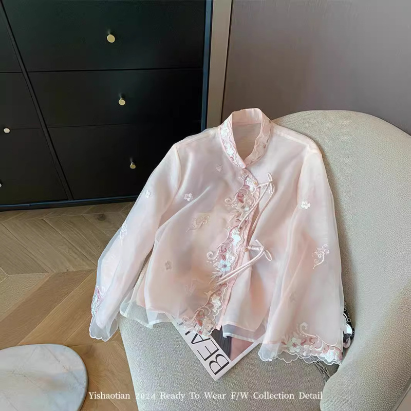 New Chinese Style Pink Peach Embroidered Button Mesh Shirt 2024 Women's Spring and Summer National Style Sweet Chic Pretty Shirt New Chinese Style Pink Peach Embroidered Button Mesh Shirt 2024 Women's Spring and Summer National Style Sweet Chic Pretty Shirt