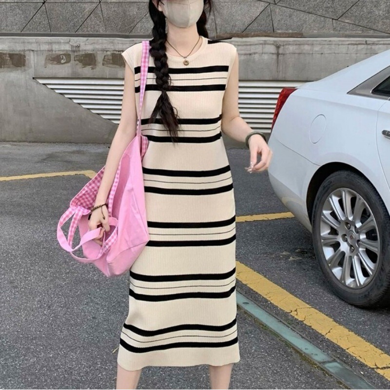 Lazy Style Summer Dress Sleeveless Striped Ice Silk Knitted Dress Mid-length Vic Dress Loose Straight T-shirt Skirt