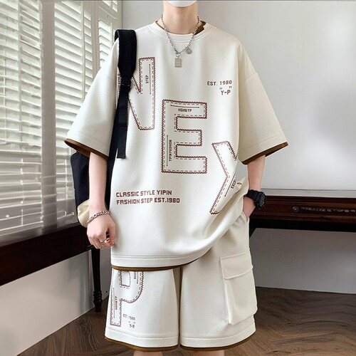 Men's Summer Casual Sports Suit, Loose Fit, Plus Size, Half-Sleeve Short Sleeve Shorts Two-Piece Set
