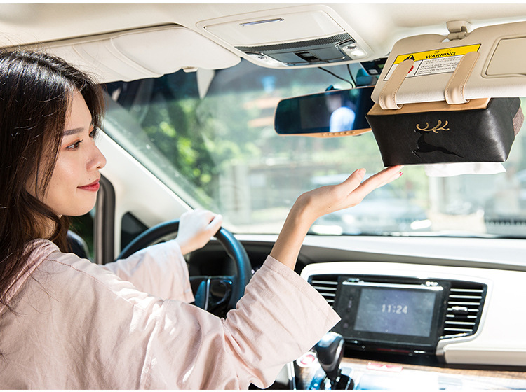Leather deer car tissue box, sun visor tissue cover, linen creative car sunroof hanging tissue storage bag