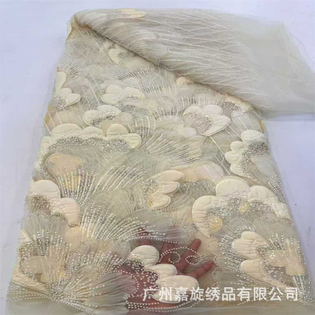 Tela de encaje con bordado floral tridimensional para vestidos de novia, vestidos de noche, trajes de escenario, tela bordada, tela con cuentas.