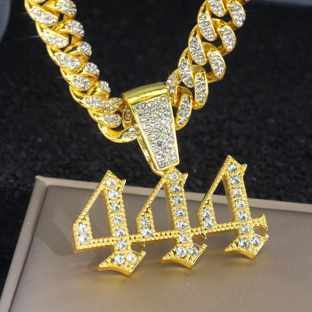 Foreign Trade Cross-Border Hot-Selling Arabic Full Diamond Number 444 Pendant Hip-Hop Punk Cuban Chain Necklace Men's_voghion.com