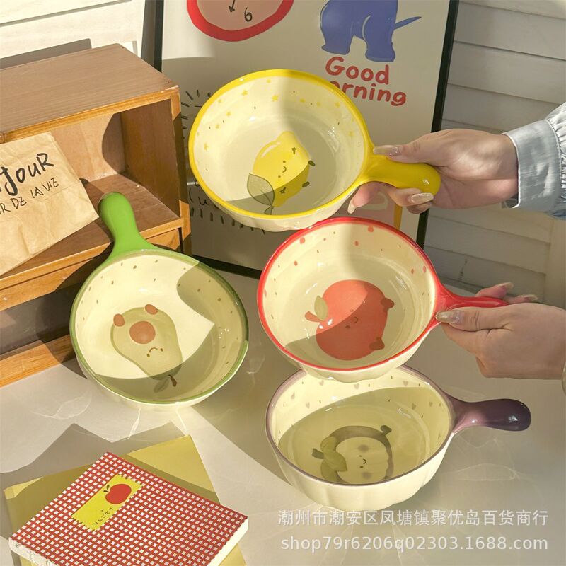 Cute Cartoon Fruit Handle Bowl Ceramic One-Person Tableware Set Student Dormitory Kidsren's Handle Rice Bowl Popular
