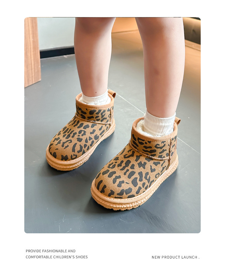 Children's leopard print snow with thick fleece and warm soft sole, medium to children's winter boys' large shoes,_voghion.com