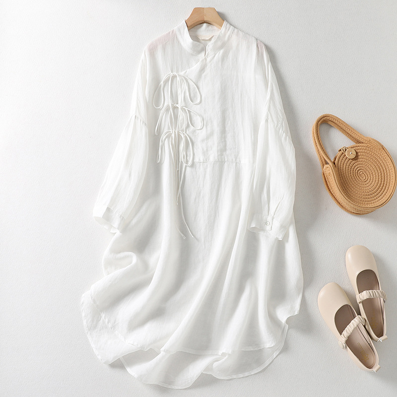 White Cotton and Linen Women's Loose Tea Dress Chinese Retro Chinese Style Artistic Cotton and Linen Women's Shirt Dress White Cotton and Linen Women's Loose Tea Dress Chinese Retro Chinese Style Artistic Cotton and Linen Women's Shirt Dress