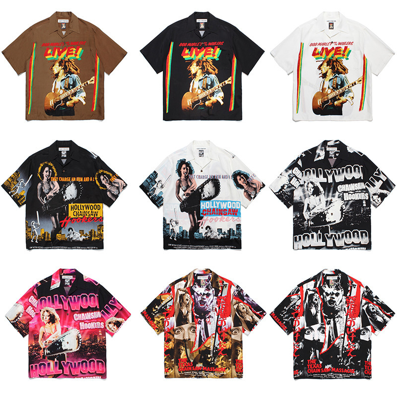 Wackomaria 23Ss Chainsaw Chainsaw Horror Reggae Hawaiian Short Sleeve Shirt for Men and Women