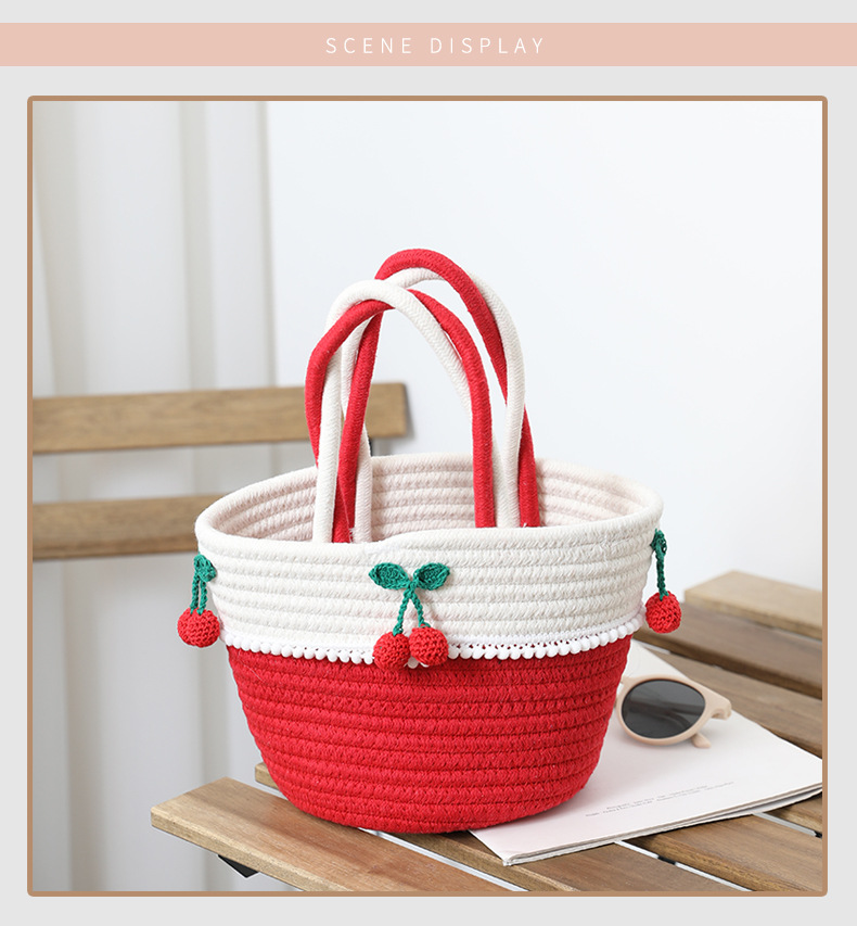 450g Weight Weave Fashion Element Open Closure Type Women's Cotton Rope Color Block Fruit Vacation Beach Streetwear Weave Bucket Open Tote Bag Straw Bag
