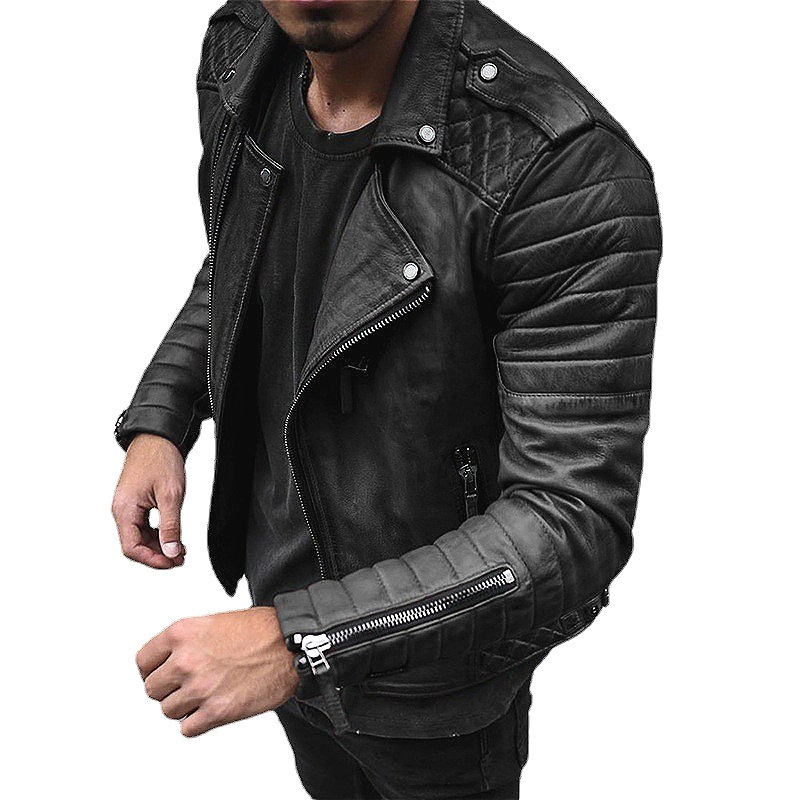 New Cross-border AliExpress Spring and Autumn Punk Sleeves Zipper Fashion Slim-fit Lapel Motorcycle Men's Leather Jacket Trendy