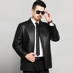 Autumn and Winter Men's Leather Jacket Middle-Aged Men's Mid-Length Zipper Lapel First-Layer Sheepskin Leather Jacket