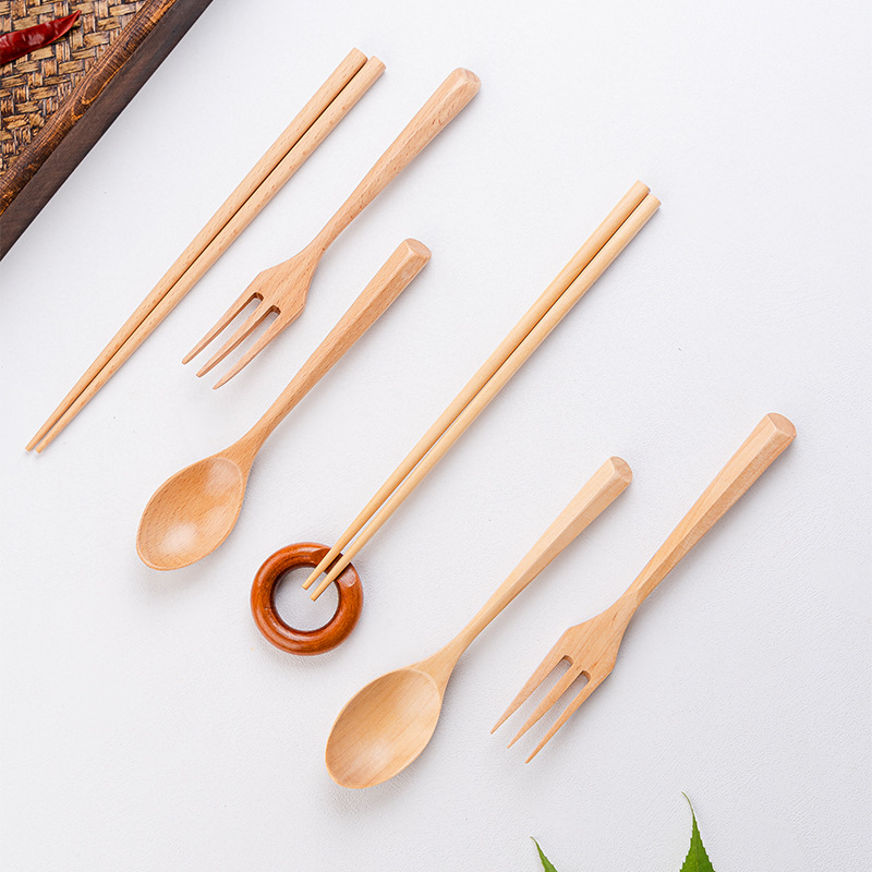 Wooden spoon, fork, and chopsticks set, beechwood triangular handle spoons and forks, portable lunch and travel utensils