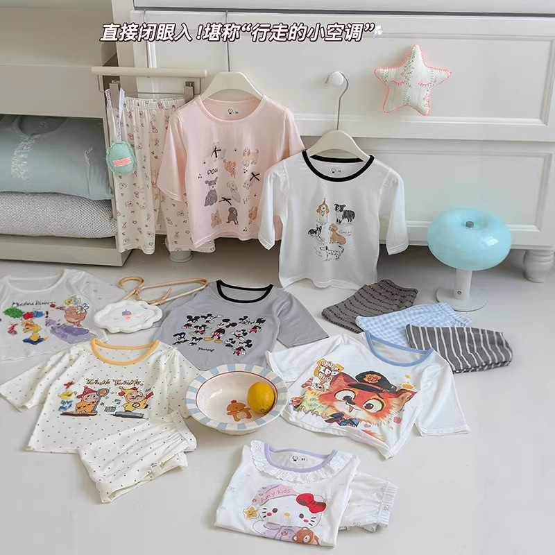 Anmeiya Kidsren's Home Clothes Kidsren's Pajamas Summer Three-Quarter Sleeves Three-Quarter Pants Air-Conditioned Clothes Tencel Lyocell Casual