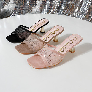 Cross-Border Exclusive High-Heeled Slip-On Women's Shoes with Thin Heels, Breathable African Square Toe, Rhinestone Mesh Heels Slippers