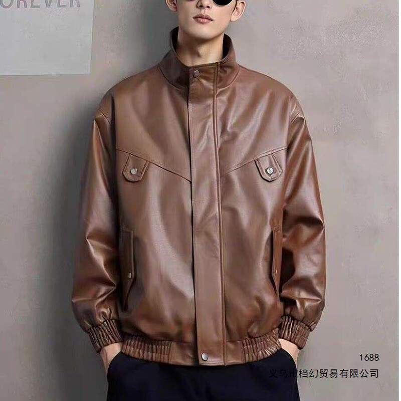 Men's leather jacket, oversized, American retro style, trendy, cool, street-style, motorcycle PU leather jacket for spring and autumn Men's leather jacket, oversized, American retro style, trendy, cool, street-style, motorcycle PU leather jacket for spring and autumn