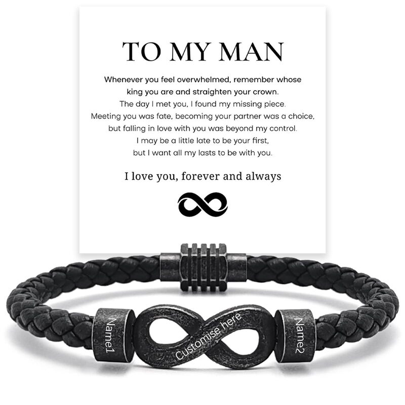 Black Vintage Leather Bracelet Stainless Steel Infinity Symbol Steel Ring Engravable Men's Infinity Symbol Leather Bracelet Black Vintage Leather Bracelet Stainless Steel Infinity Symbol Steel Ring Engravable Men's Infinity Symbol Leather Bracelet