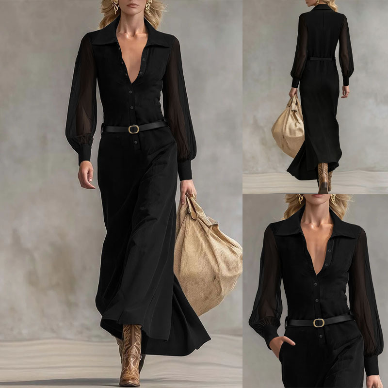 Amazon Cross-Border Foreign Trade French Elegant Style Black Shirt Dress with Mesh Long Sleeves, Waist-Cinching, Slimming Women's Dress Amazon Cross-Border Foreign Trade French Elegant Style Black Shirt Dress with Mesh Long Sleeves, Waist-Cinching, Slimming Women's Dress