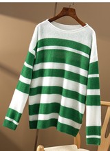 时髦年轻感！活泼显白元气色 撞色条纹羊毛宽松慵懒针织衫毛衣女