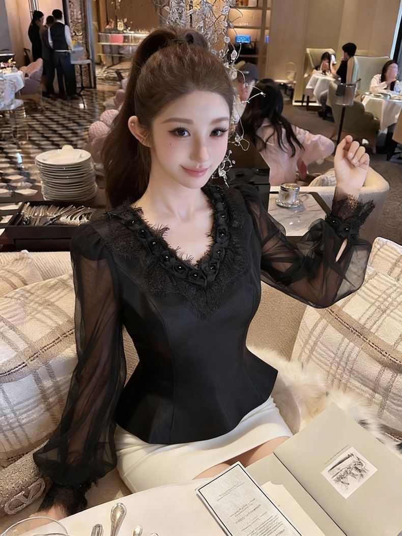 Áo nữ tay bồng lưới voan phối ren, thiết kế ôm sát tôn dáng — đen chi tiết 1