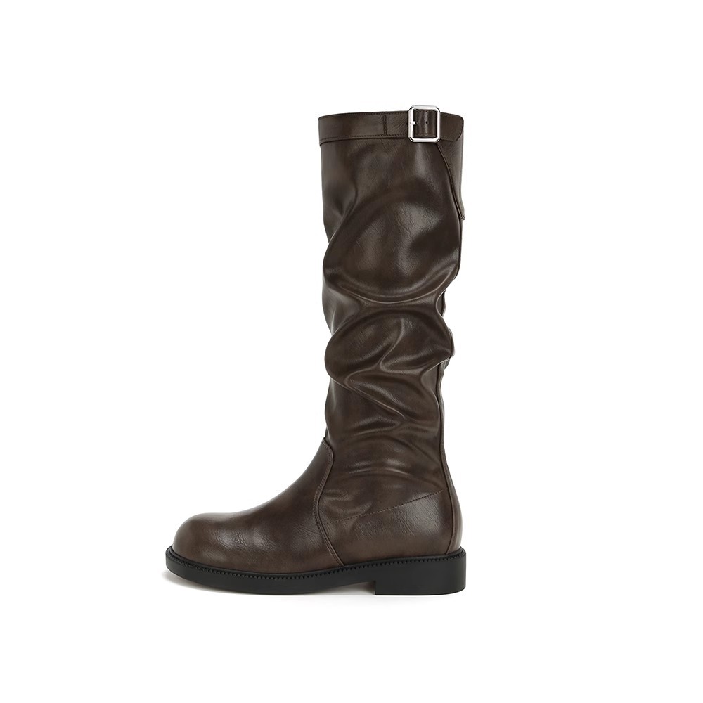 Mismo estilo que los bloggers coreanos~ Botas de media pantorrilla holgadas con tacón grueso, correa con hebilla y punta redonda para mujer, nueva colección otoño/invierno.