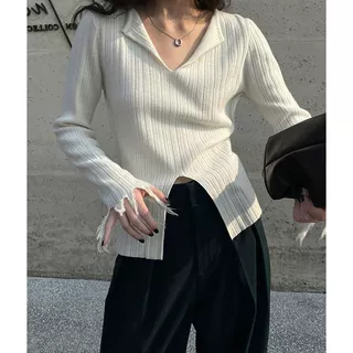 6783#秋冬设计感不规则毛边流苏袖开叉v领宽松慵懒针织衫内搭上衣