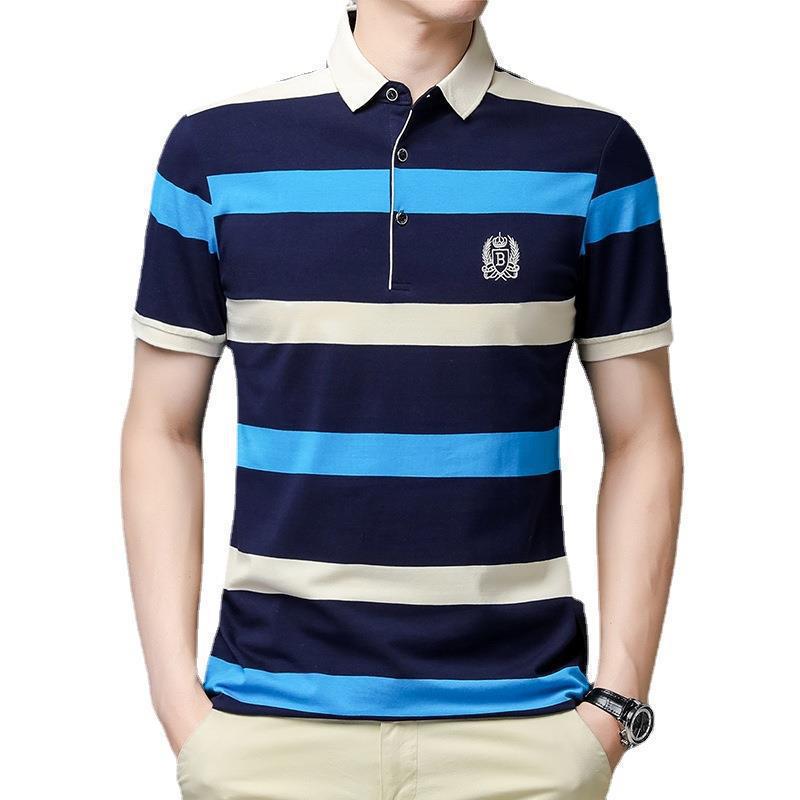 POLO hombre de alto nivel ligero de negocios camiseta de rayas verano nuevo golf de manga corta camiseta bordada con la tapa de rayas