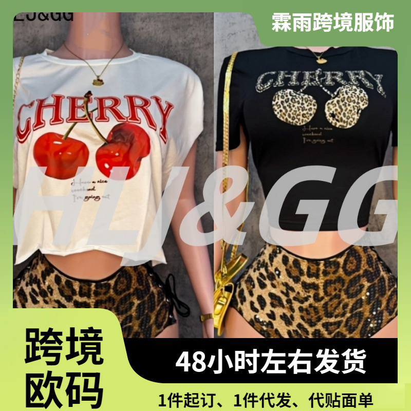 HLJ&GG Y2K时尚樱桃印花t恤两件套女士O领短袖修身露脐上衣