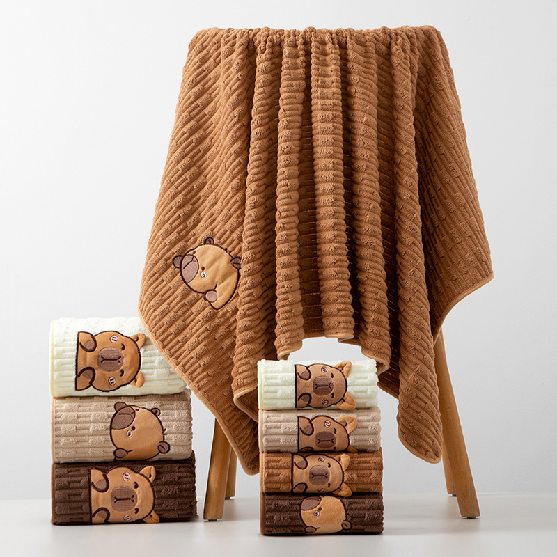 Towel and Bath Towel Set, Two-Piece Set, Cute Capibara Face Towel, Household Cartoon Bath Towel, Coral Velvet Bath Towel