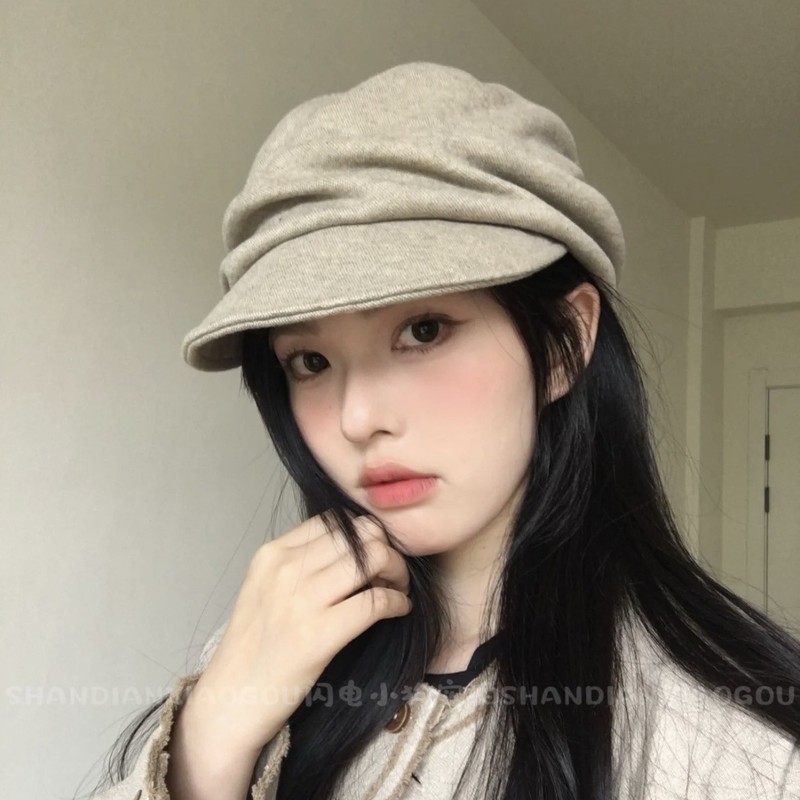 秋冬高品质桑蚕丝混羊毛鸭舌帽子女保暖马术帽张婧仪同款报童帽潮|undefined