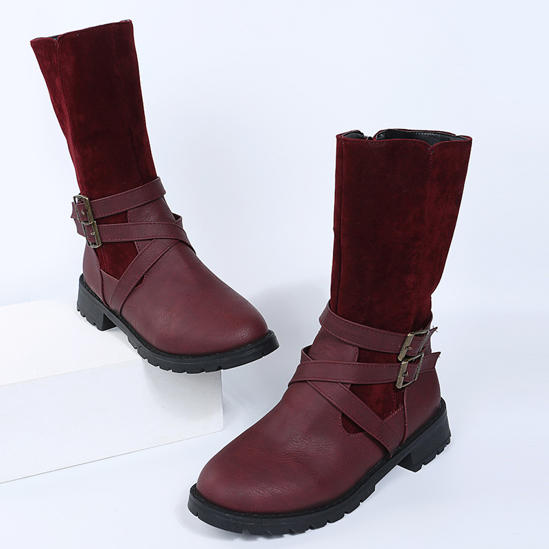 Damenschuhe, Martin-Stiefel mit mittlerer Röhre, Gürtelschnalle, runder Kopf, niedriger Absatz, Ritterstiefel mit seitlichem Reißverschluss, Lederstiefel_voghion.com