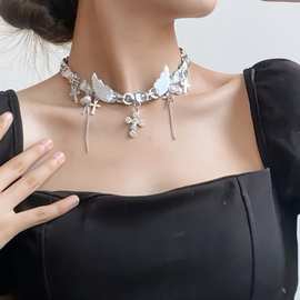y2k辣妹拼接银翼天使翅膀十字架项链小设计chocker链锁吊坠骨链