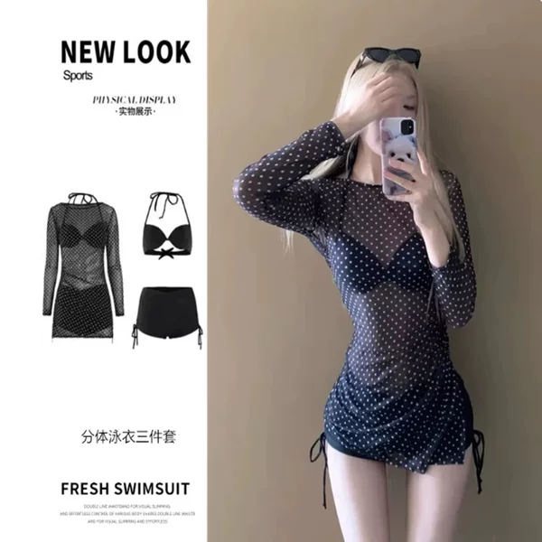 New Sexy Slightly See-Through Polka Dot Split Bikini Three-Piece Swimsuit for Women with Long Sleeves That Cover the Body and Look Slimming for Hot Spring Vacations