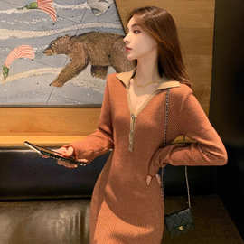 拼色针织连衣裙女秋冬2025年新款长袖高级感气质修身小香风包臀裙