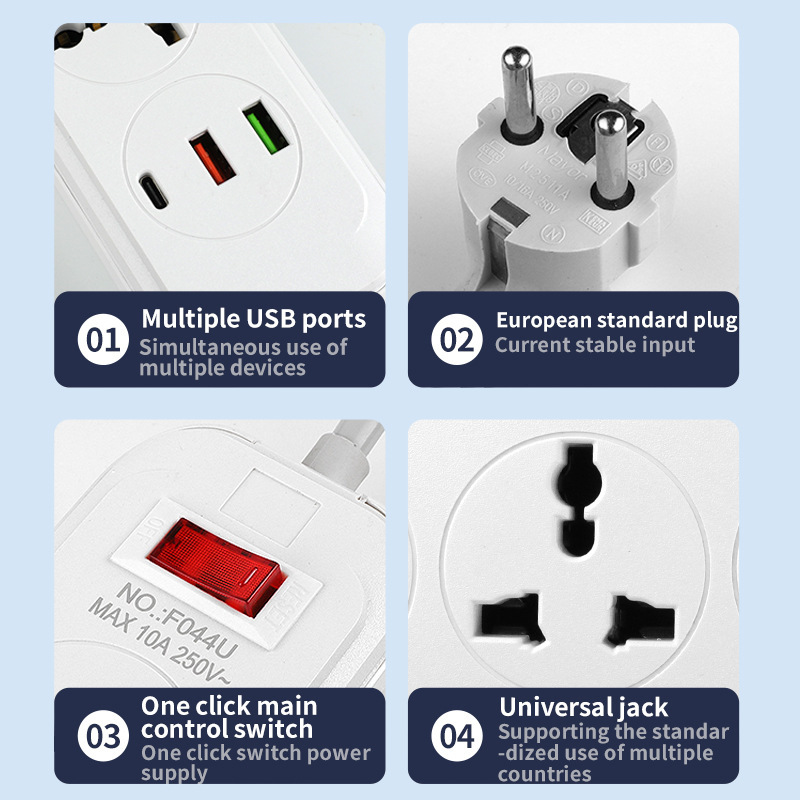 Enchufe transfronterizo estándar europeo estándar británico estándar americano placa de enchufe multi-enchufe de 2 metros zócalo universal puerto USB / PD enchufe