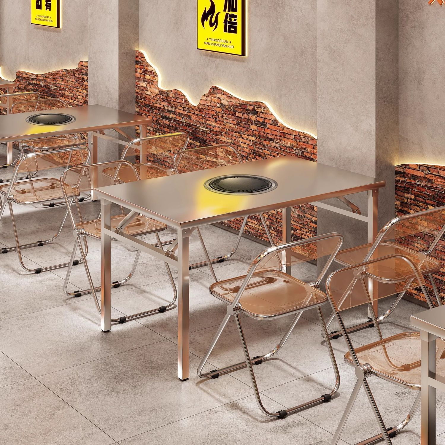 Stainless Steel Grill and Hot Pot Integrated Table with Induction Cooker, Korean-Style Grill, Restaurant Foldable Storage Square Table, Folding Table