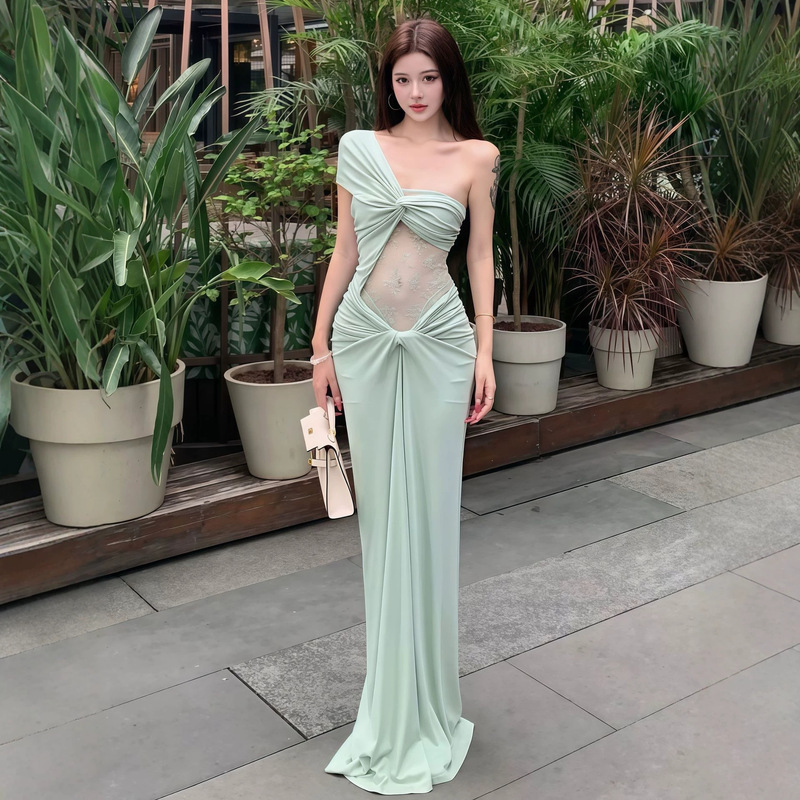 Cross-Border Pure Desire Style 2026 Spring New Women's Solid Color Twisted Hollow Lace Pattern One-Shoulder Long Dress