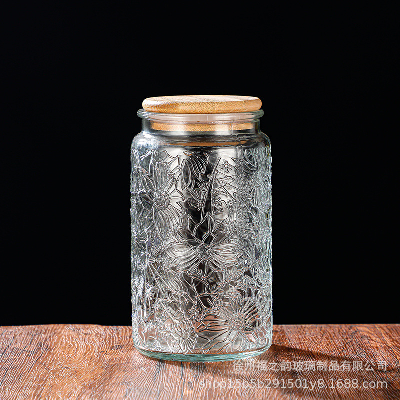 Nuevo relieve Begonia flor de vidrio sellado lata de almacenamiento de dulces snack frutas secas frasco almacenamiento lata de almacenamiento