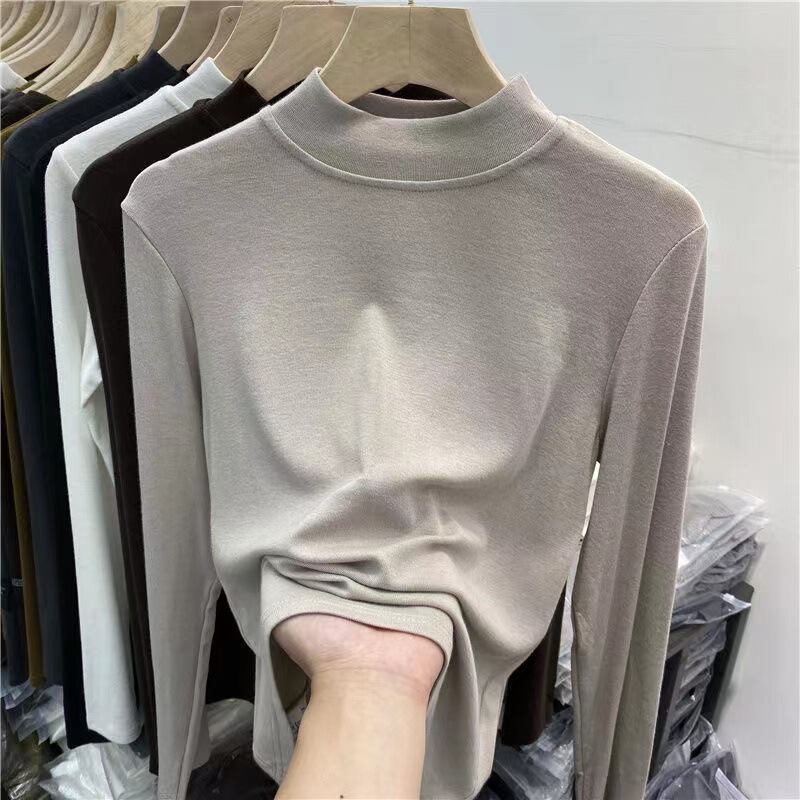 Simple High-grade High-quality Cotton Solid Color Half-high Collar Long-sleeved T-shirt Slim-fit Basic All-match Collar Base Shirt for Women