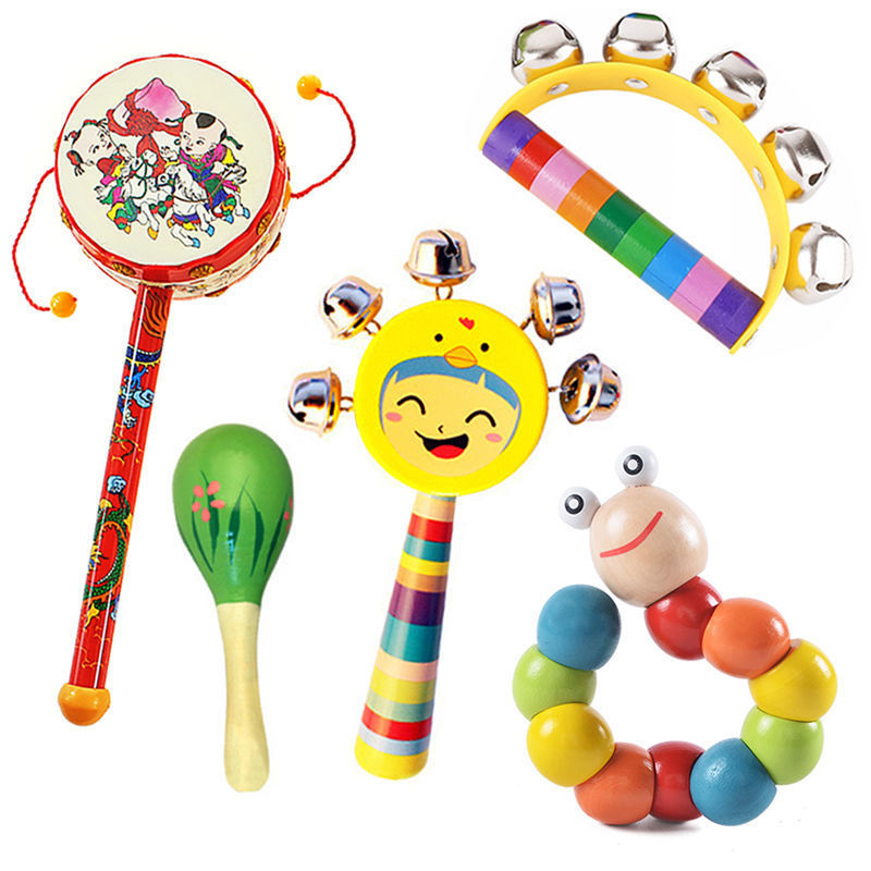 Peace drum + small maracas + handbell + smiley face rattle + insect (color random)