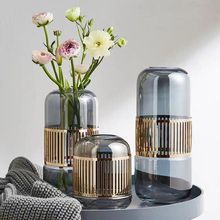 轻奢铜环玻璃花瓶现代金属装饰花器创意家居客厅样板间工艺品摆件