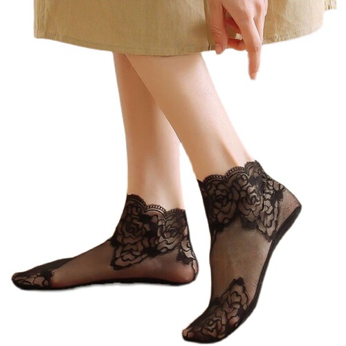 Summer lace black women's socks with Japanese floral edge mesh breathable boat socks ultra-thin cotton sole anti-slip low-top socks