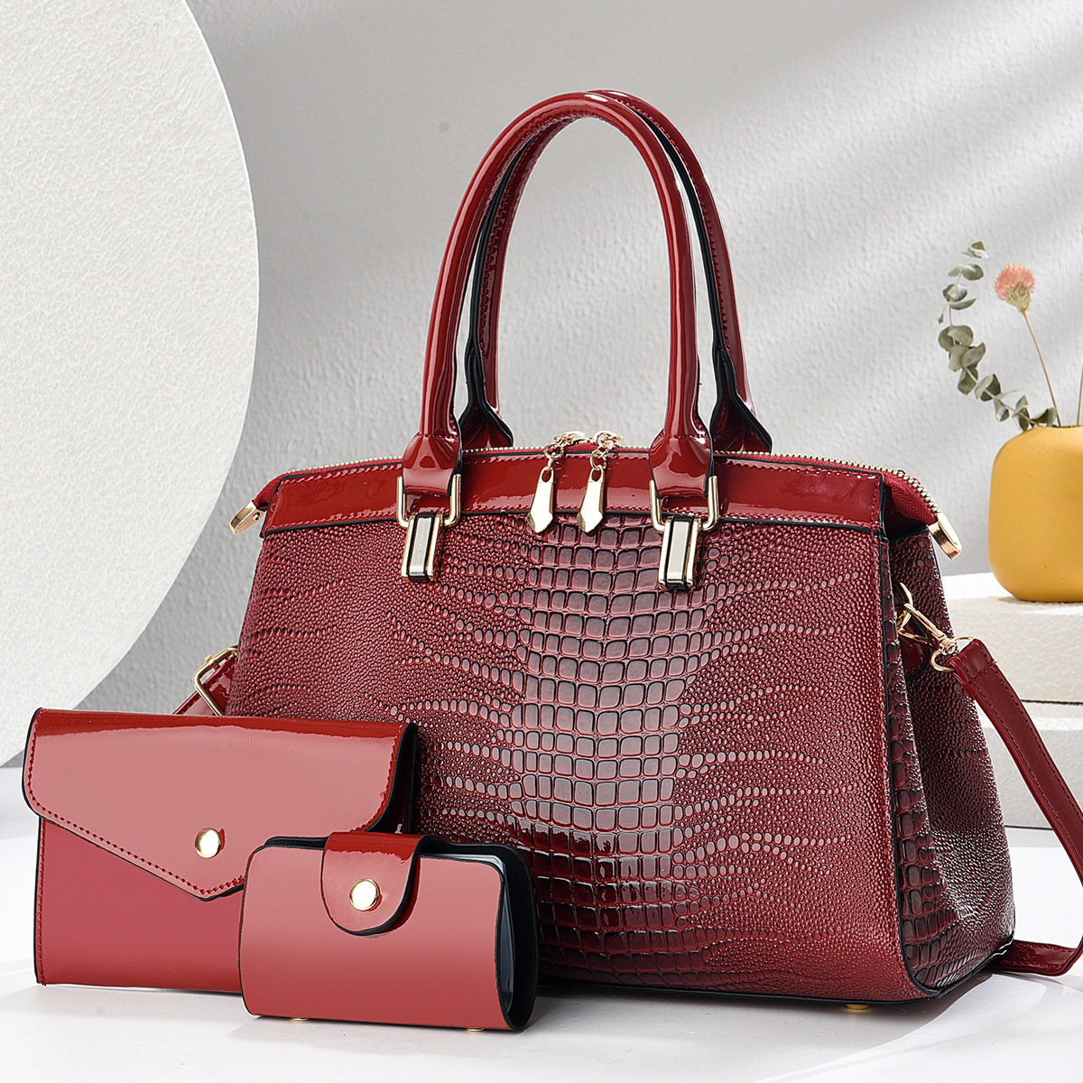 Women's Large Pu Leather Solid Color Crocodile Streetwear Sewing Thread Square Zipper Bag Sets display picture 6