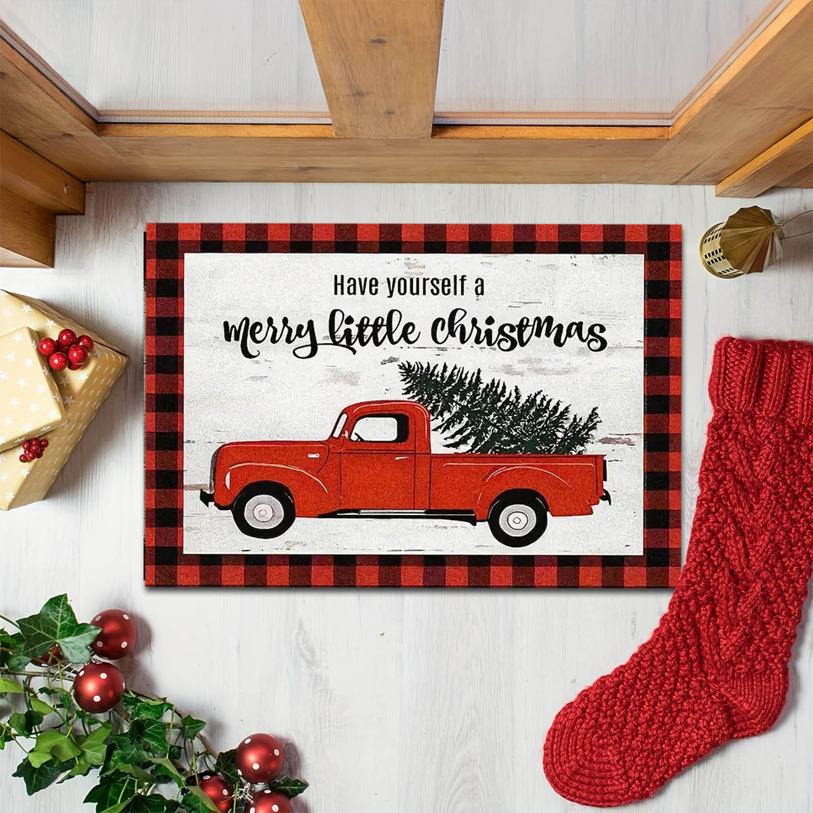 Kalėdų serija Šeimos sunkvežimių dekoratyvinis grindų įėjimas įėjimas įėjimas įėjimas įėjimas festivalis pasveikinimo kilimėlis Pledinis grindų kilimėlis_voghion.com