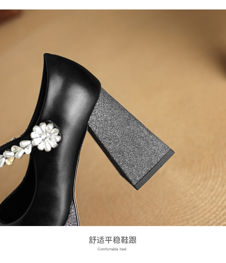 Giày Mary Jane cao gót nữ mũi vuông đính đá quai ngang đế dày platform gót thô 9 cm — Màu đen, Màu trắng be chi tiết 9