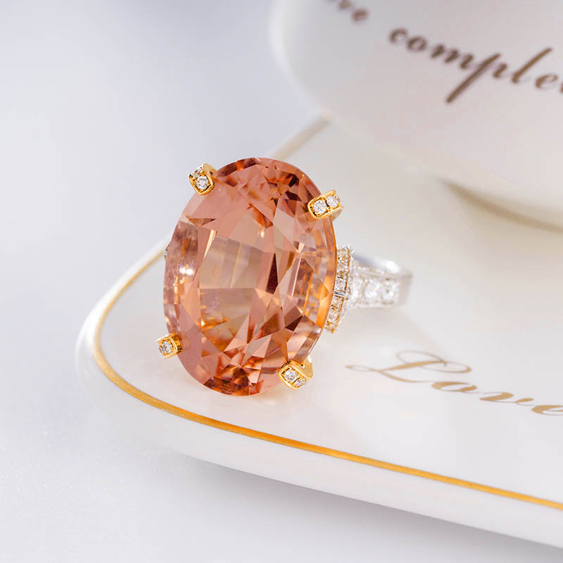 Imitation Natural Pink Morgan Ring Champagne Color Inlaid Colorful Gemstone Copper Open Ring display picture 2