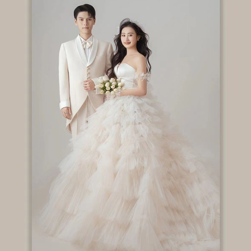 Photo Studio Shooting Theme: White Light Wedding Dress, High-End Spring New Style Dress, Fashionable Light Wedding Dress, Off-Shoulder Mesh Dress